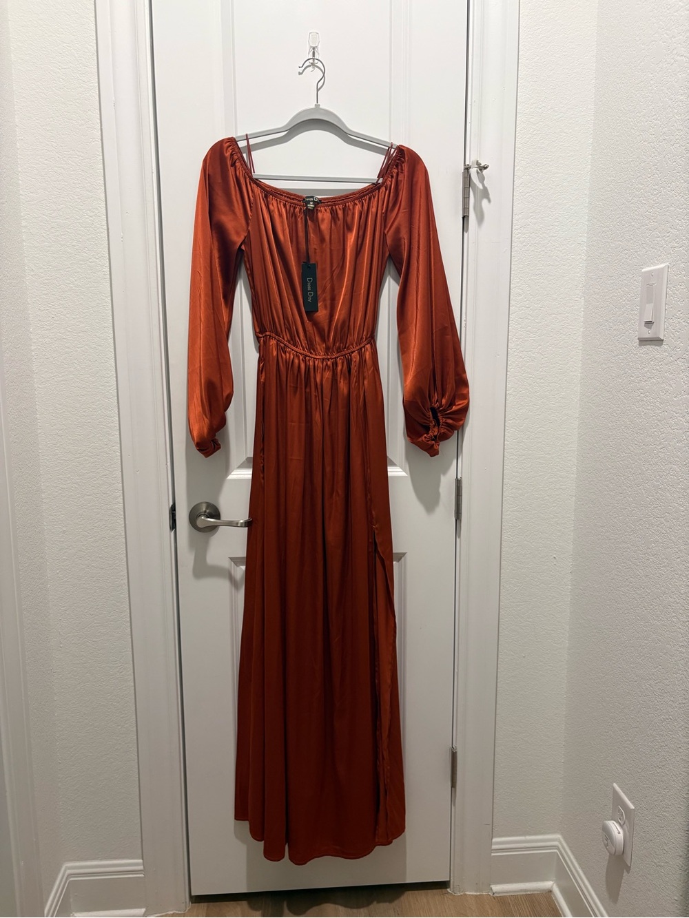 Rust Off-Shoulder Maxi Dress with Long Bishop Sleeves